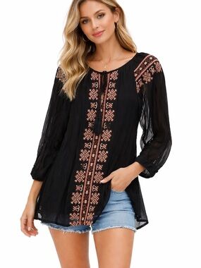 RAGA Black Embroidered Boho Tunic Blouse Sheer Long Sleeve Size Medium